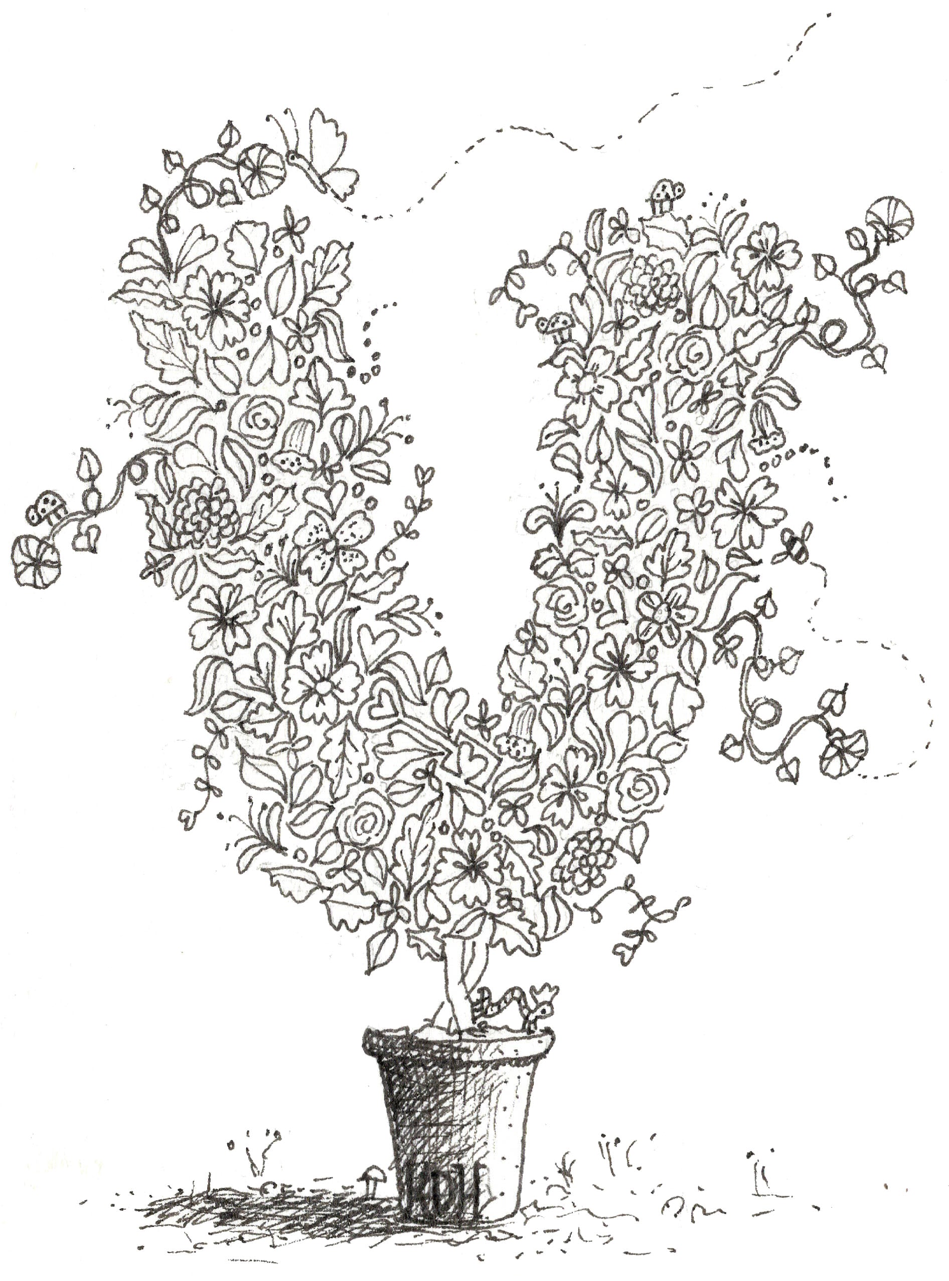 Letter V of Floral Topiary Alphabet Collection Note Cards