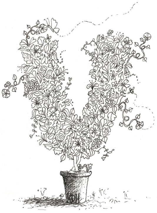Letter V of Floral Topiary Alphabet Collection Note Cards