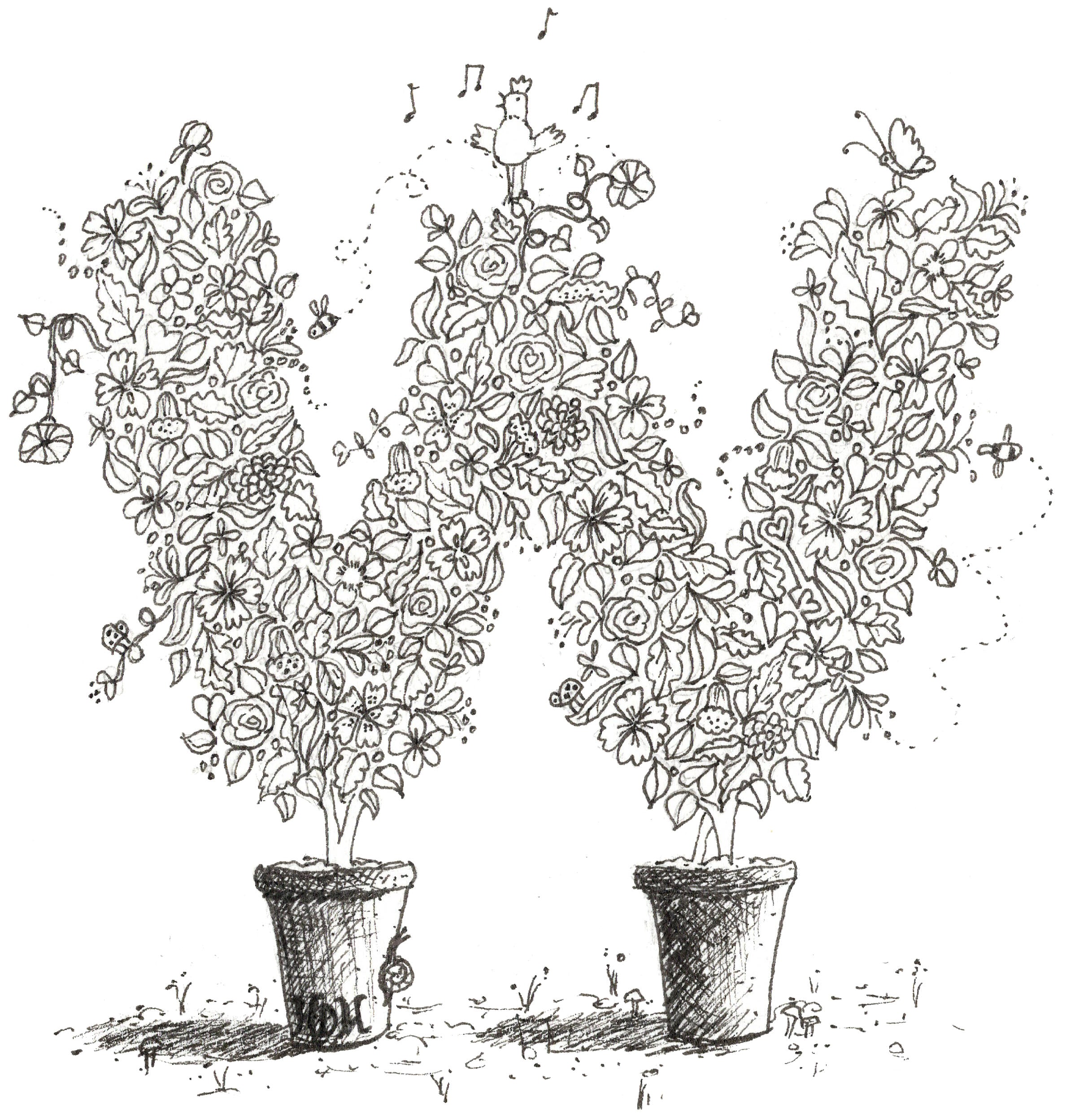 Letter W of Floral Topiary Alphabet Collection Note Cards